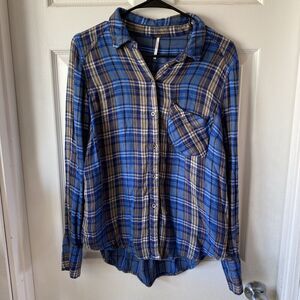 Free People Shirt Women’s Small Petite Button Up Plaid Blue Rayon
